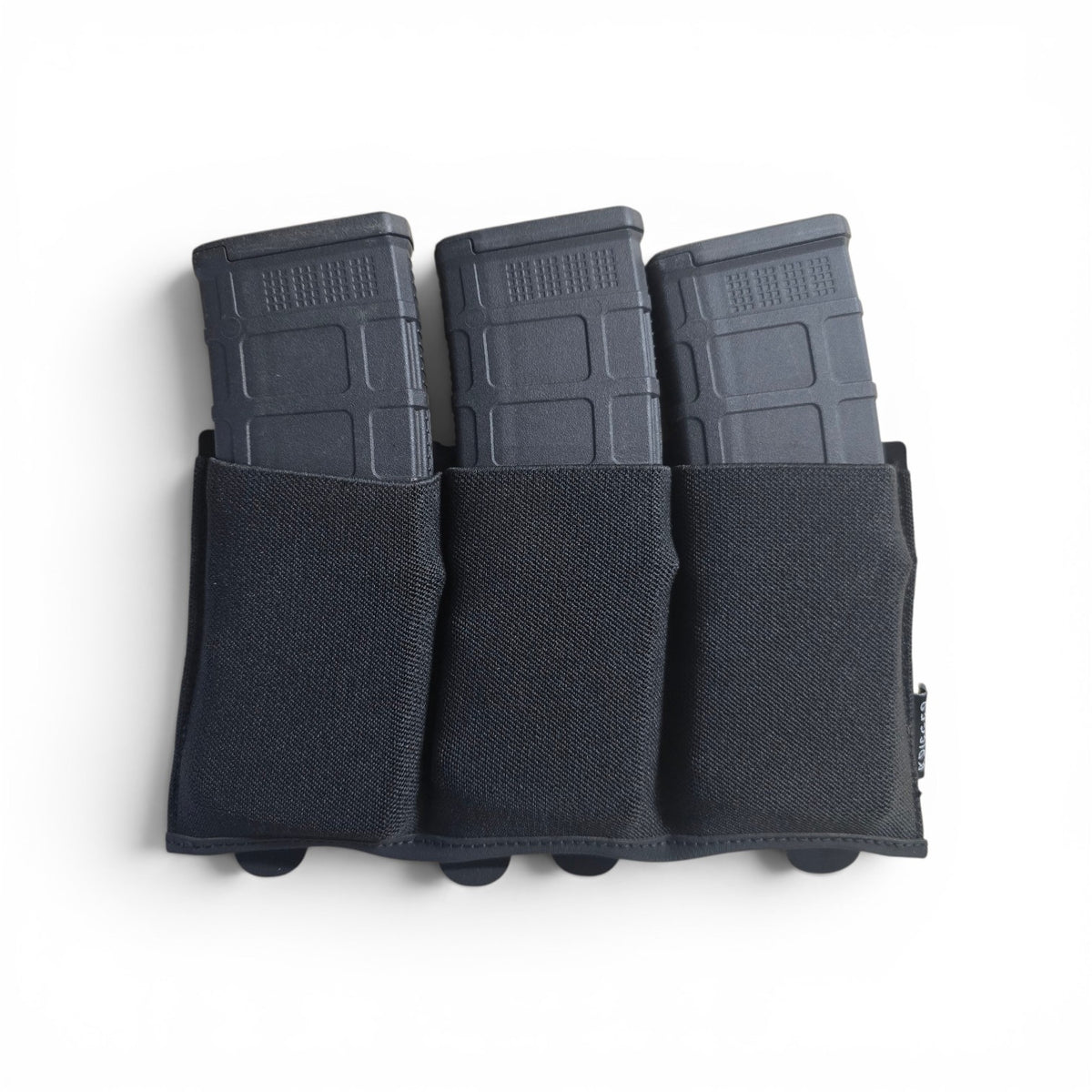 Krieger Elastic Triple Utility Placard in black, three elastic magazine slots on a four-row MOLLE mount
